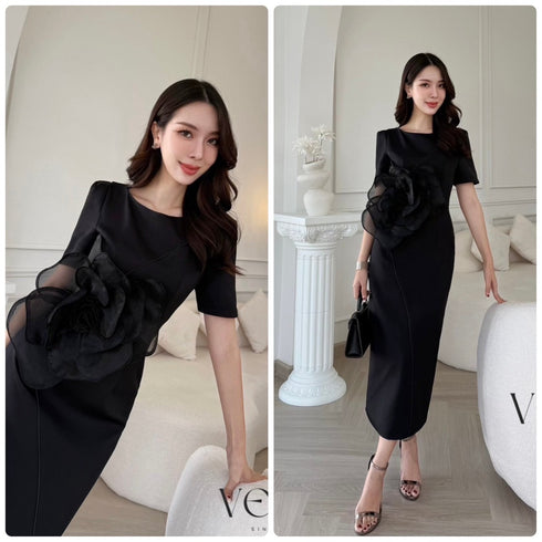 Women Elegant Short Sleeves Dress With Rose Decor